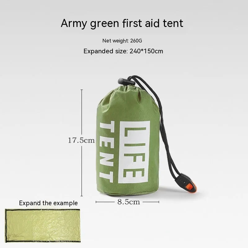 Orange portable disaster relief tent with sleeping bag and emergency blanket for outdoor shelter