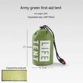 Orange portable disaster relief tent with sleeping bag and emergency blanket for outdoor shelter