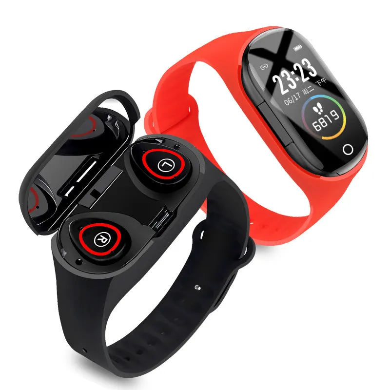 Blue silicone smart bracelet with 1-inch display showing fitness metrics and integrated earphones for wireless calling