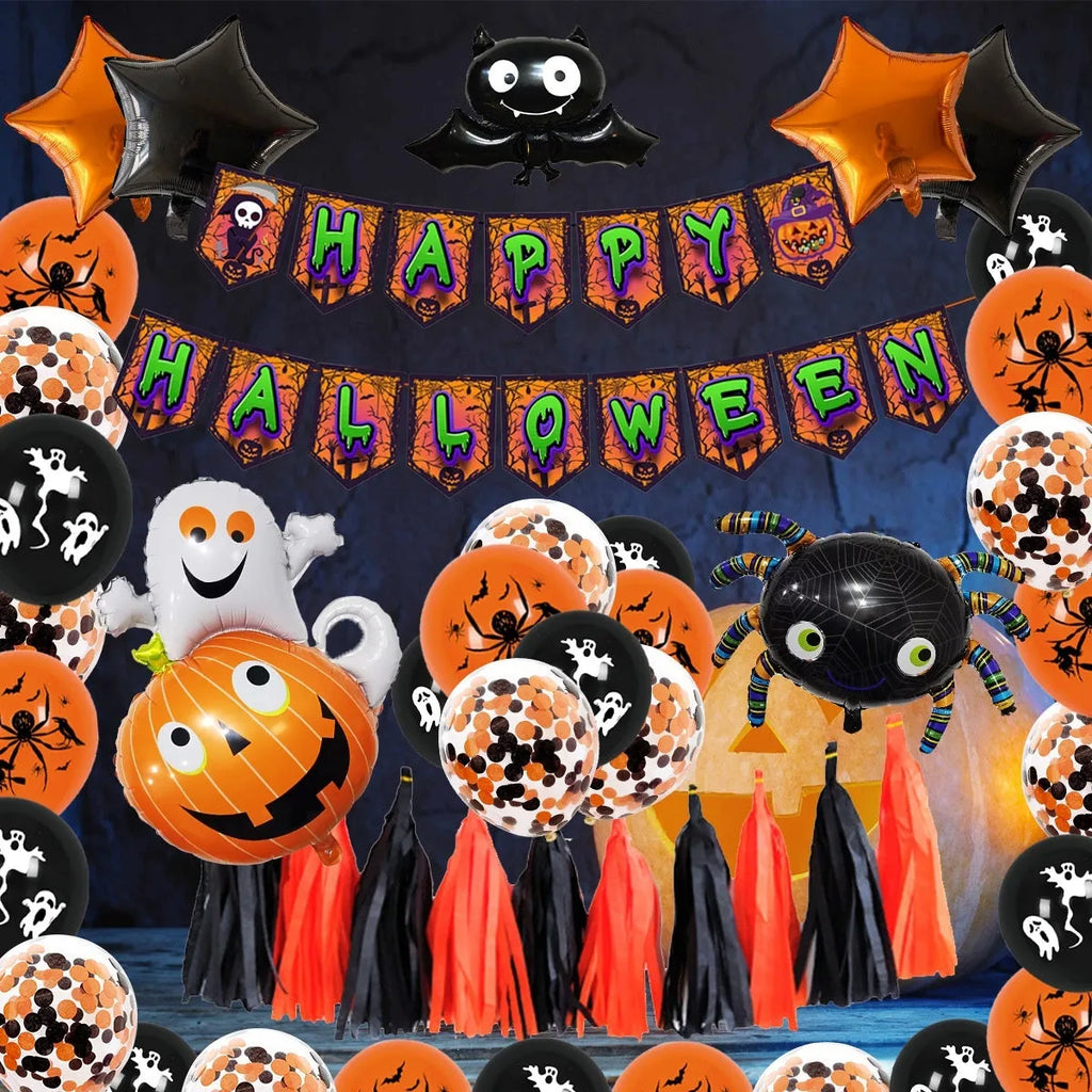 Halloween spider balloon arch decoration set with skull and pumpkin ornaments in white and black colours