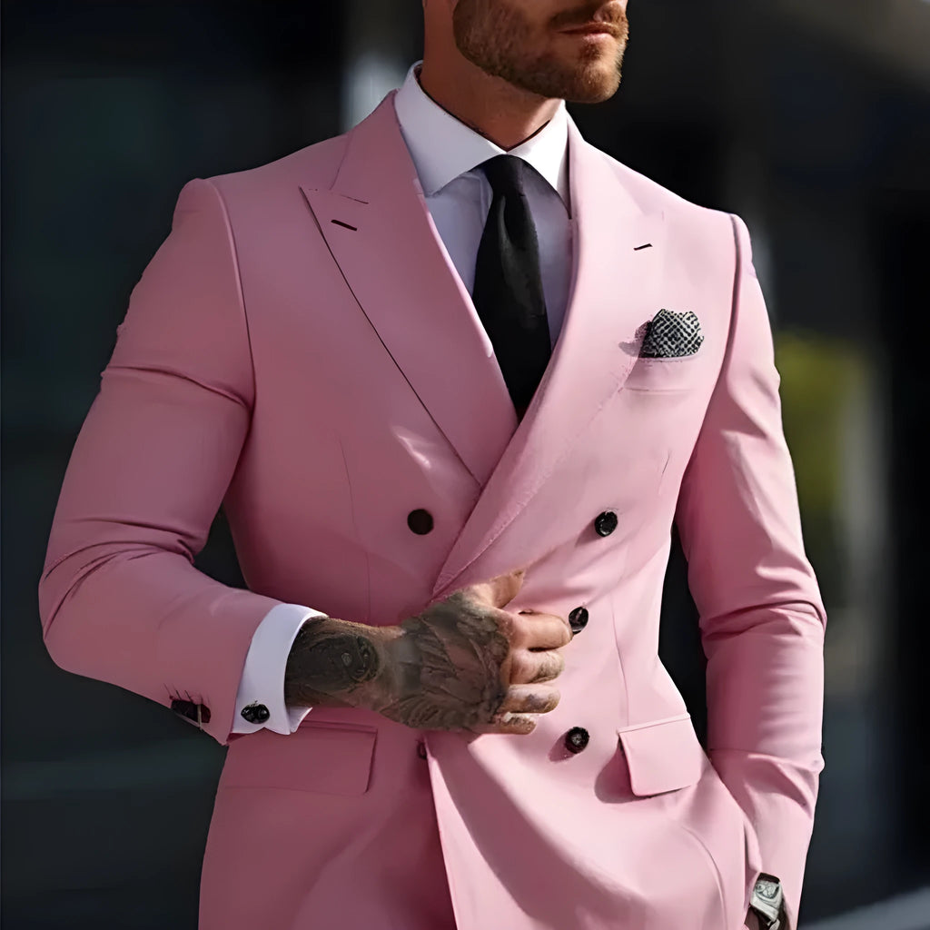 Men's grey Korean-style slim fit two-piece suit with jacket and trousers for business or banquet wear.