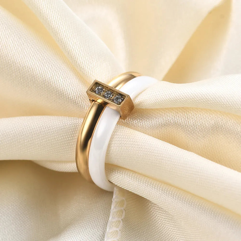 Ceramic women's ring with 6mm geometric band and glossy zirconium stitching in steel black or golden white
