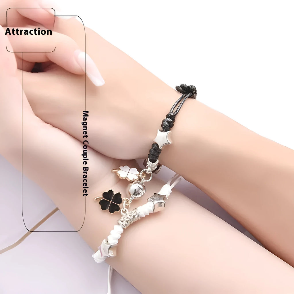 A pair of matching magnetic suction bracelets with an alloy electroplated finish, showing a sample design.