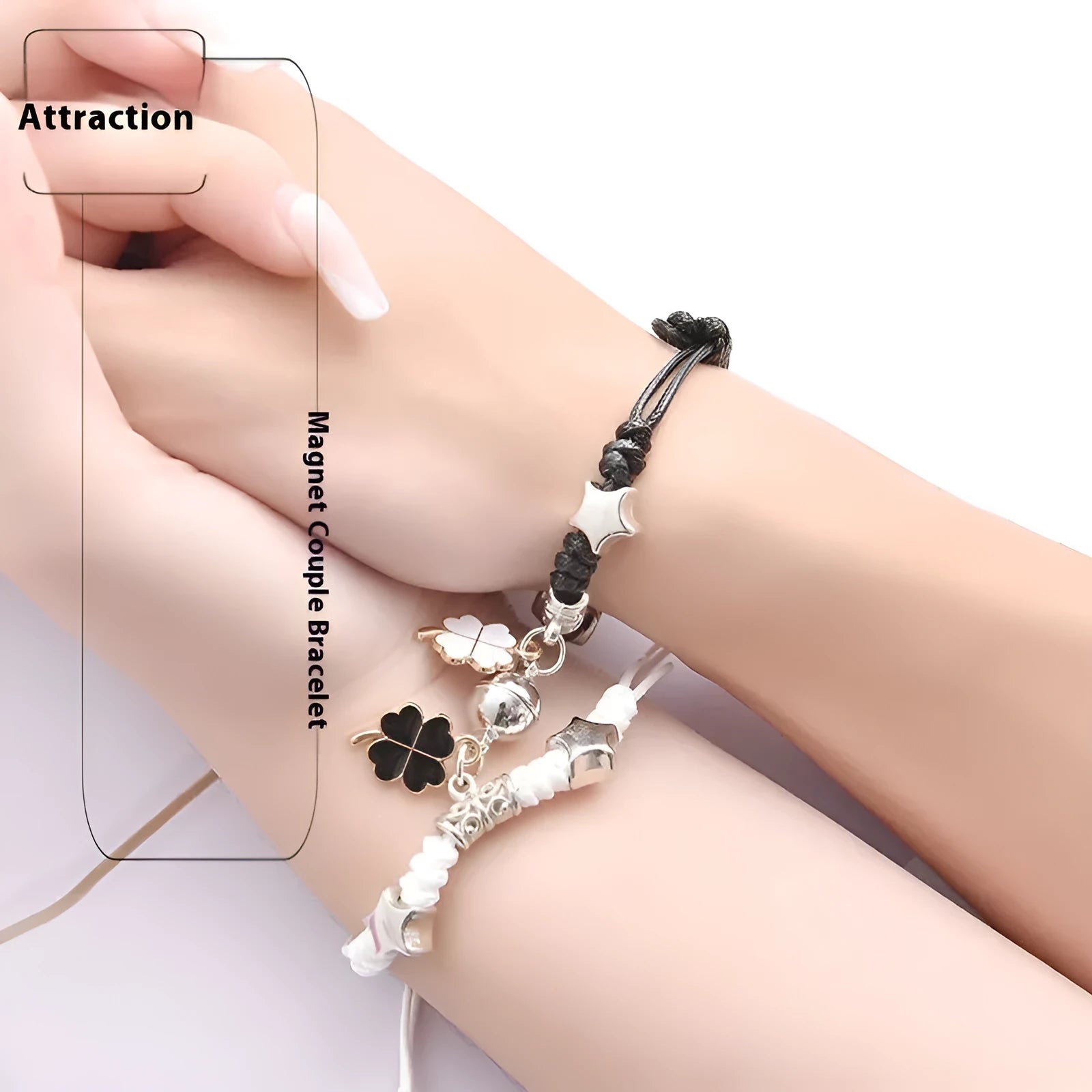 A pair of matching magnetic suction bracelets with an alloy electroplated finish, showing a sample design.