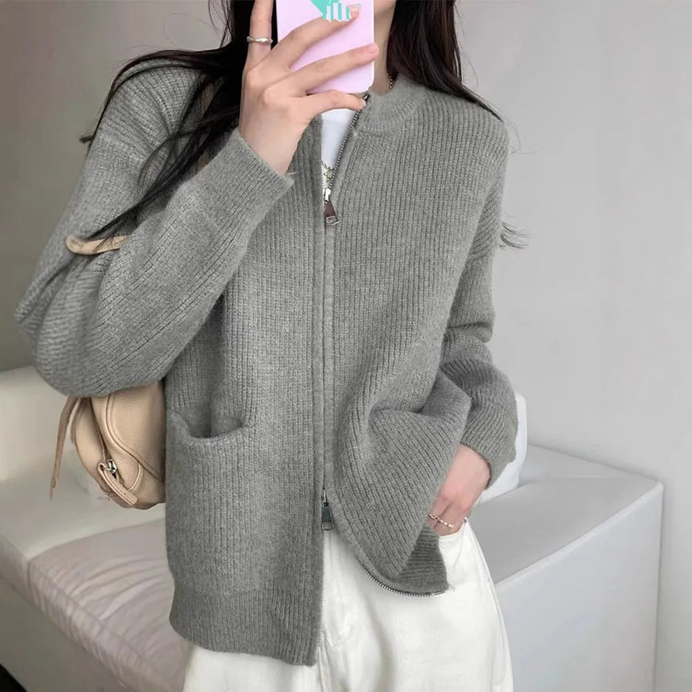 Soft wind glutinous sweater coat cardigan in viscose fabric available in beige, grey, black, and khaki colours