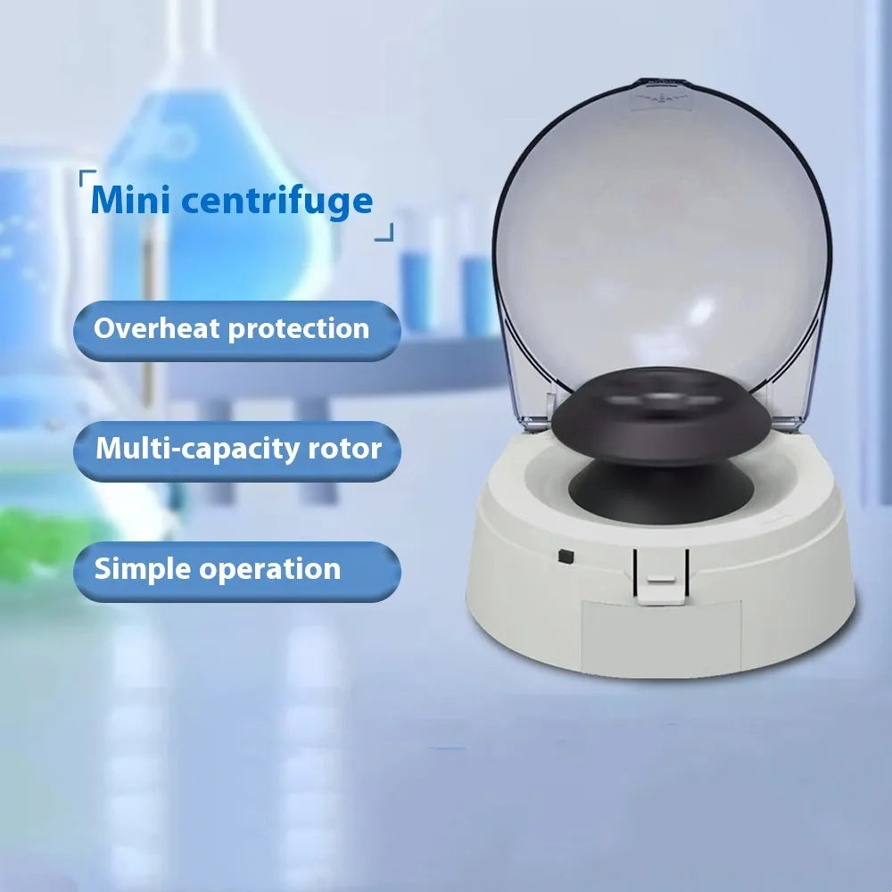 Compact mini laboratory centrifuge measuring 157mm with 7000 rpm speed for sample processing