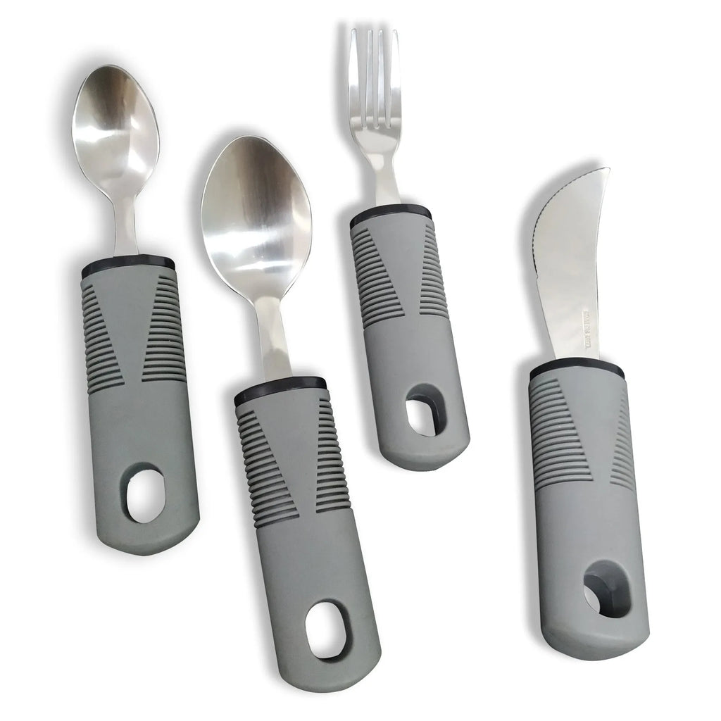 Stainless steel adaptive cutlery with rubber anti-shake grips and bendable handles
