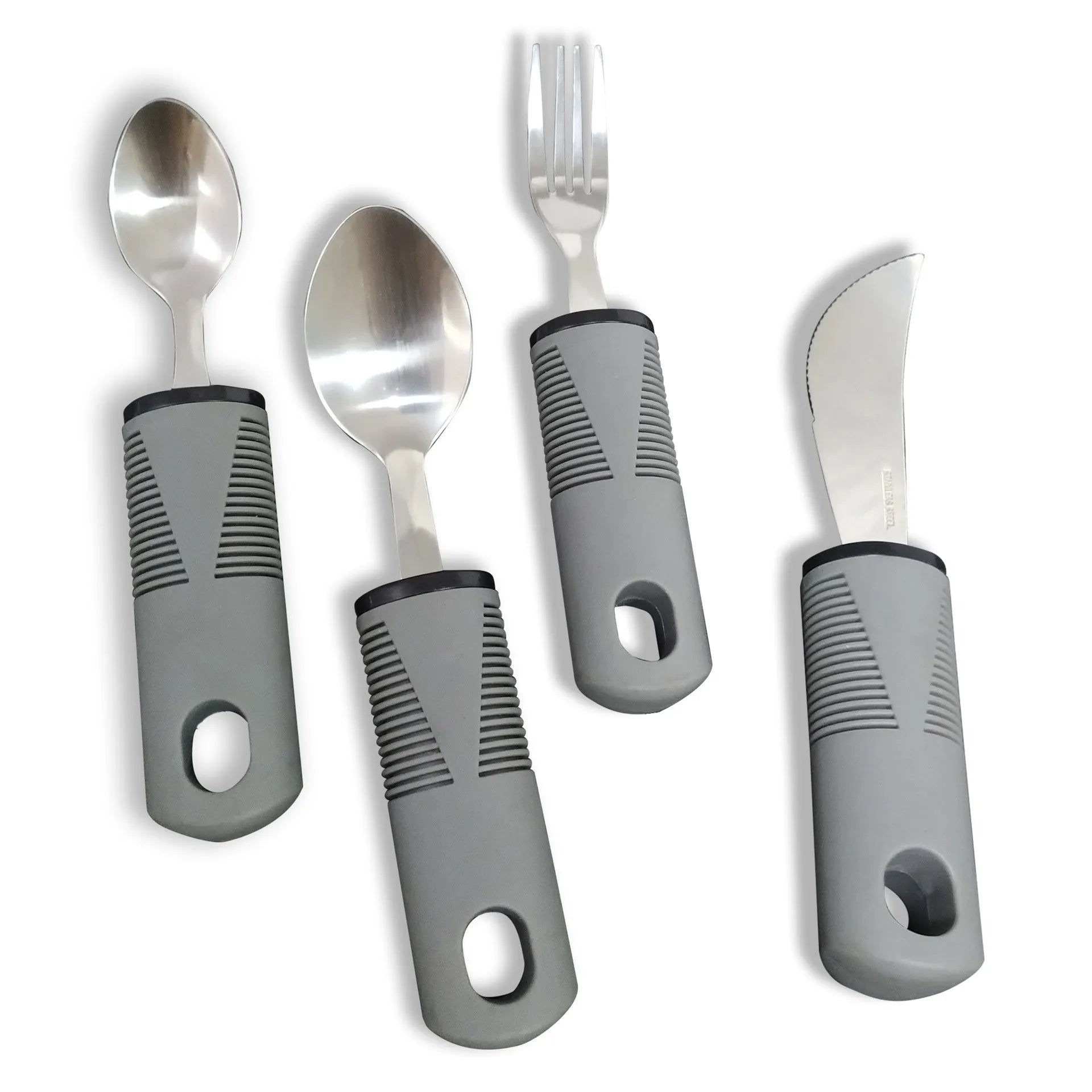 Stainless steel adaptive cutlery with rubber anti-shake grips and bendable handles