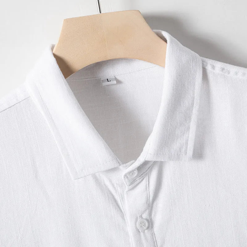 Men's loose-fit linen T-shirt with a lapel collar in black, linen, or white.