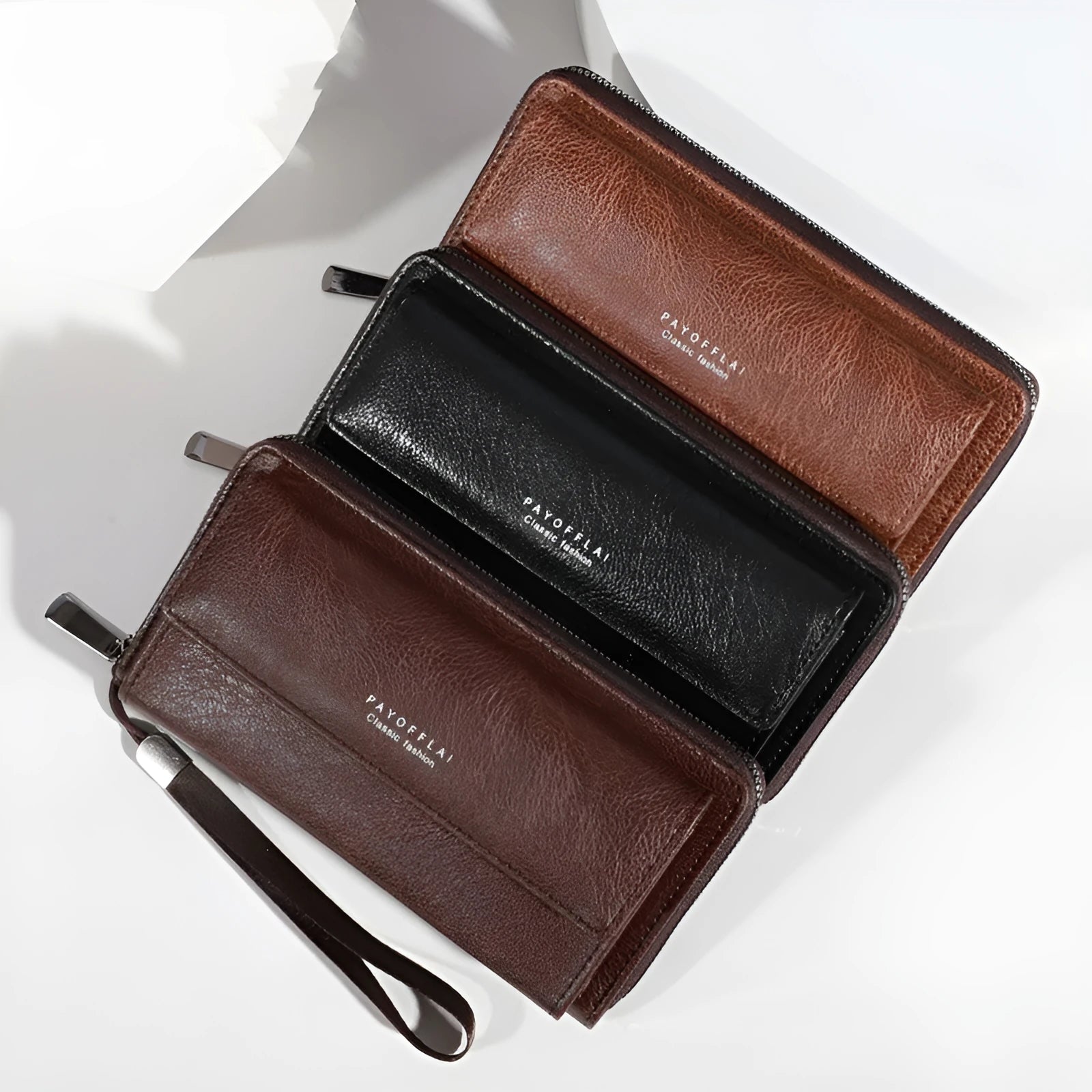 Men's black PU leather long wallet showing multiple card slots, placed next to a brown colour option.