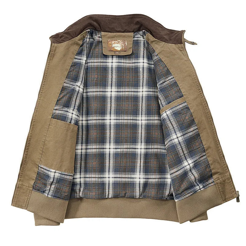 Men's plus-size washed cotton baseball jacket in army green colour