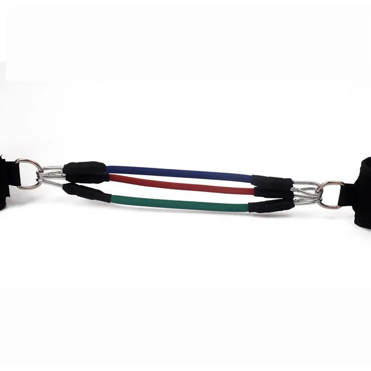 Black elastic pull rope set with ankle straps for leg and Taekwondo training.
