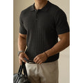 Men's khaki short sleeve business casual top showing front view with Asian fit sizing label