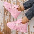 Women's platform mesh sneakers in purple, green, white, pink, and yellow colours with lace-up front.