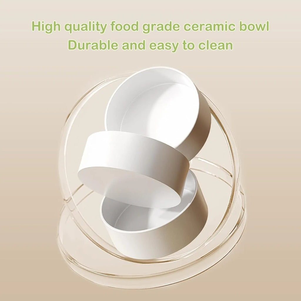 Green ceramic elevated cat bowl set with two dishes on a tilted, non-slip stand