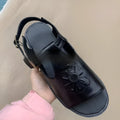 Men's black embroidered floral beach sandals with PU leather upper and flat heel