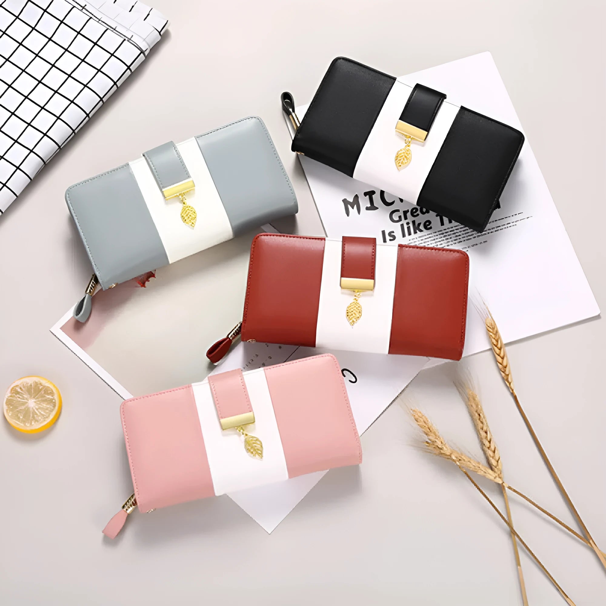PU leather clutch bag with anti-theft brush design and lock closure in light pink colour