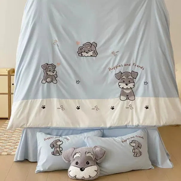 Cartoon Schnauzer embroidered cotton bedding set showing quilt cover, sheet and pillowcases