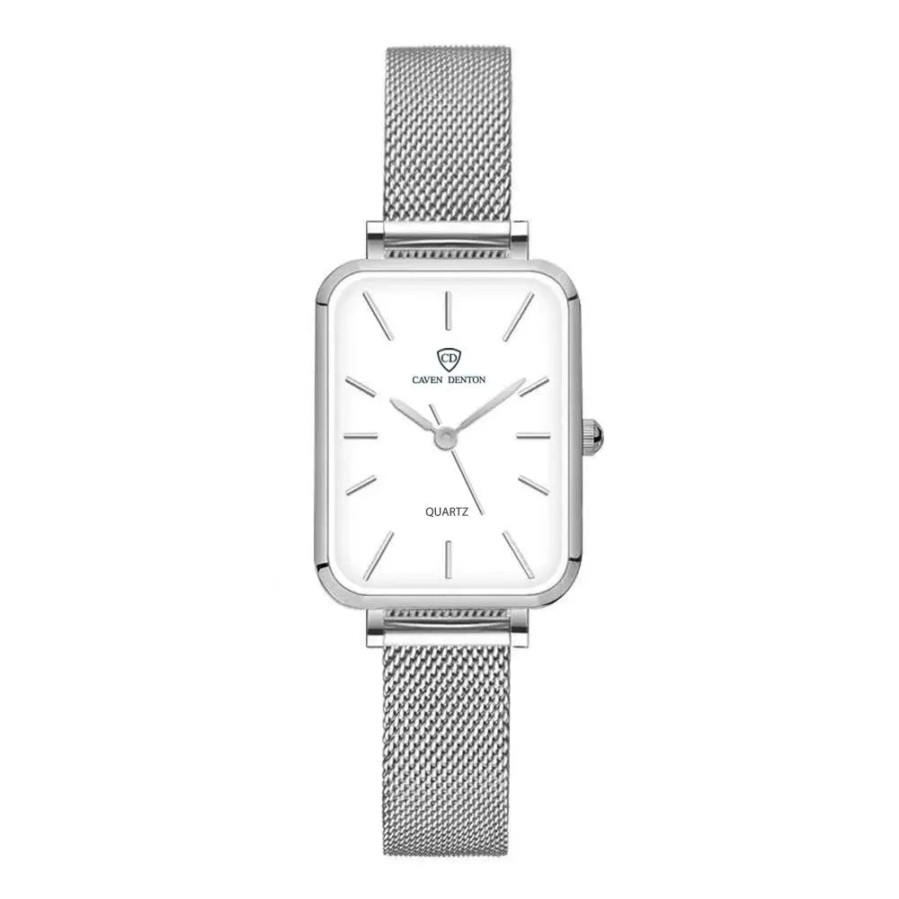 Women's rose gold or silver waterproof quartz watch with alloy case and woven steel strap.