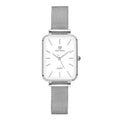 Women's rose gold or silver waterproof quartz watch with alloy case and woven steel strap.