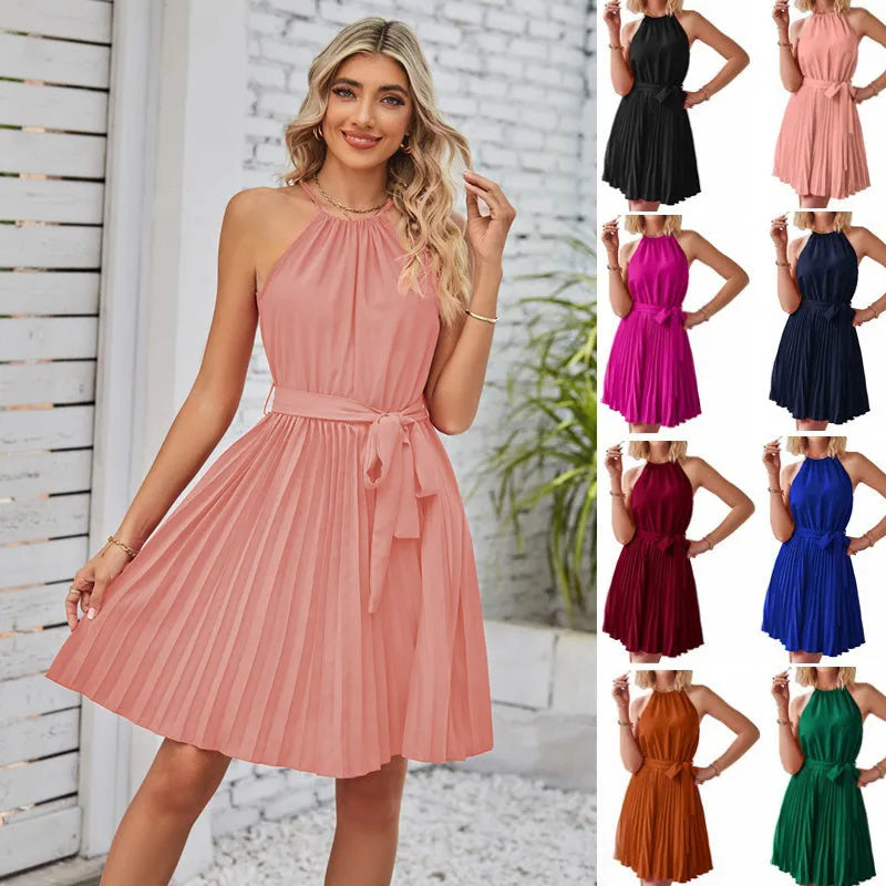 Women's black halter neck strapless sundress with pleated chiffon skirt and waist belt