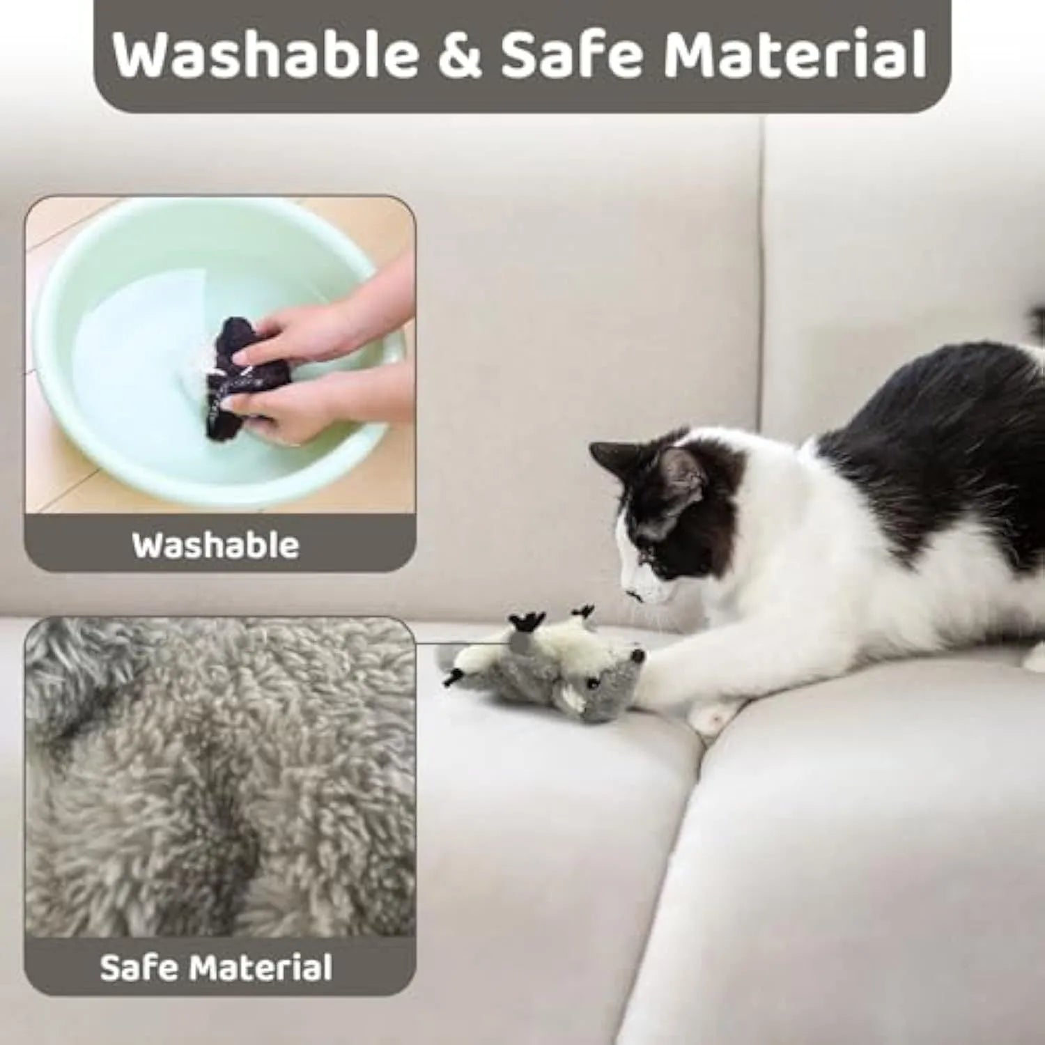 Grey flapping squirrel cat toy with USB charging cable on a plain background.