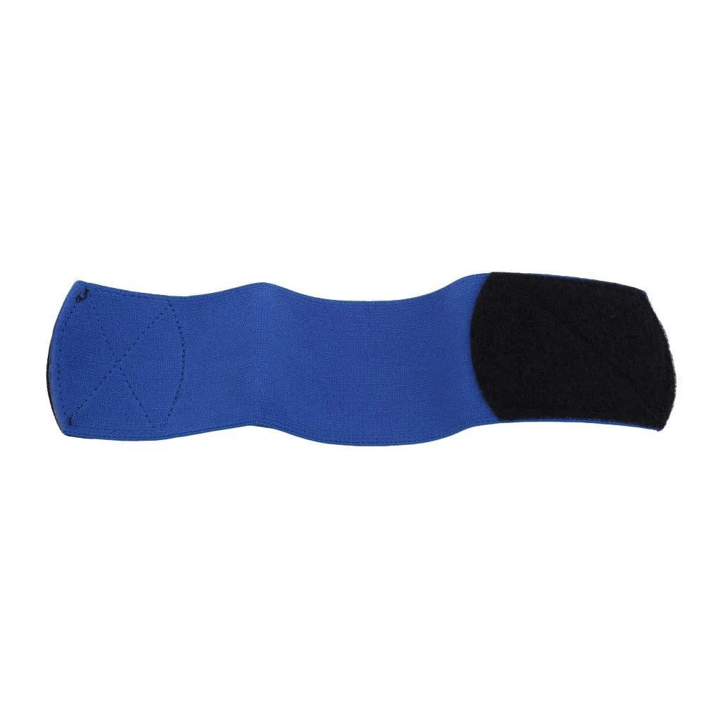 Red rubber elastic strap for securing football shin guards and sports protective pads.