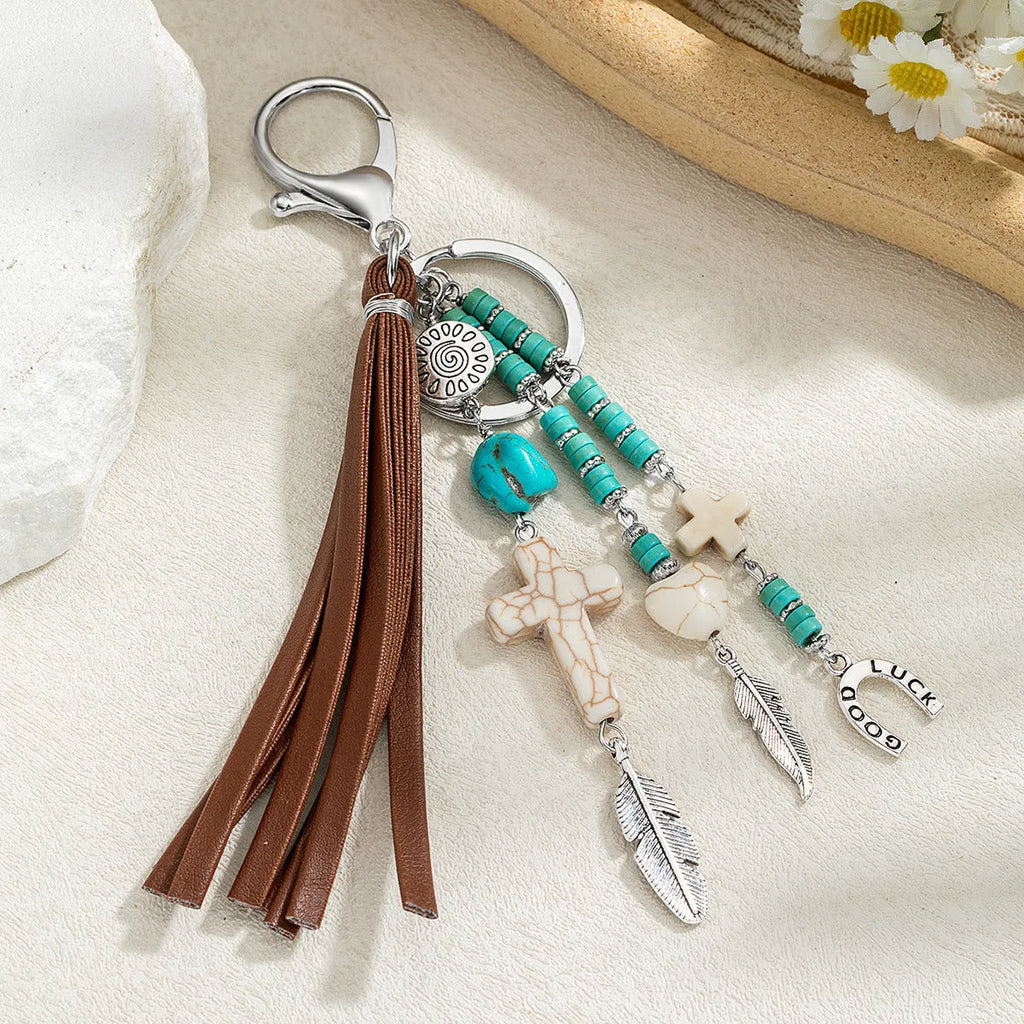 Cross leather rope tassel pendant keychain in retro alloy finish colour XY-3669