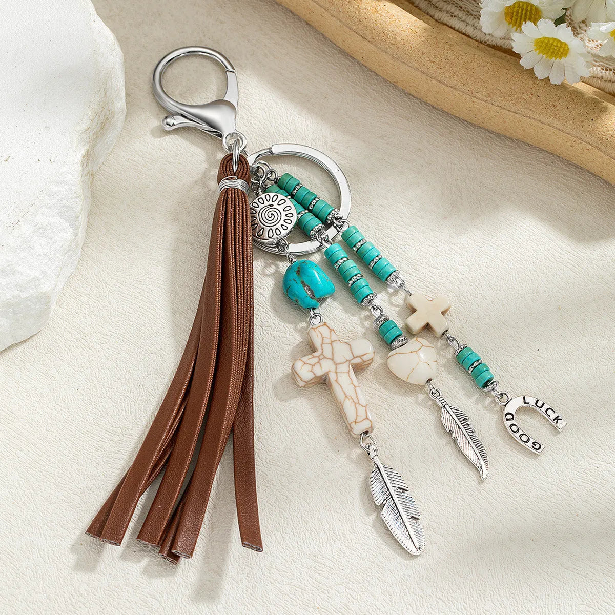 Cross leather rope tassel pendant keychain in retro alloy finish colour XY-3669