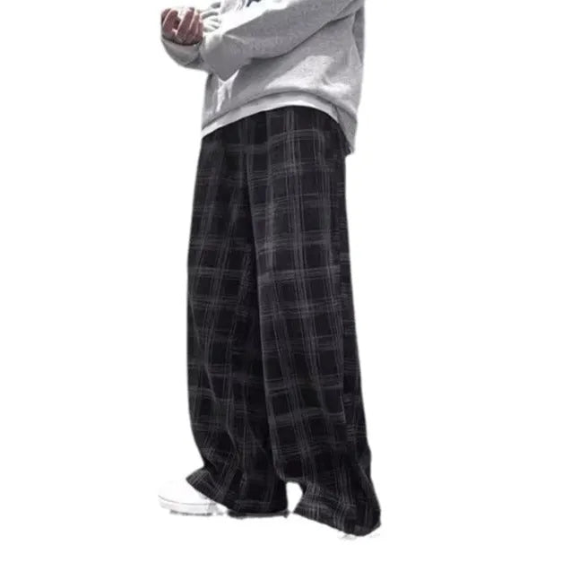 Japanese retro plaid straight-leg trousers in black or green colours