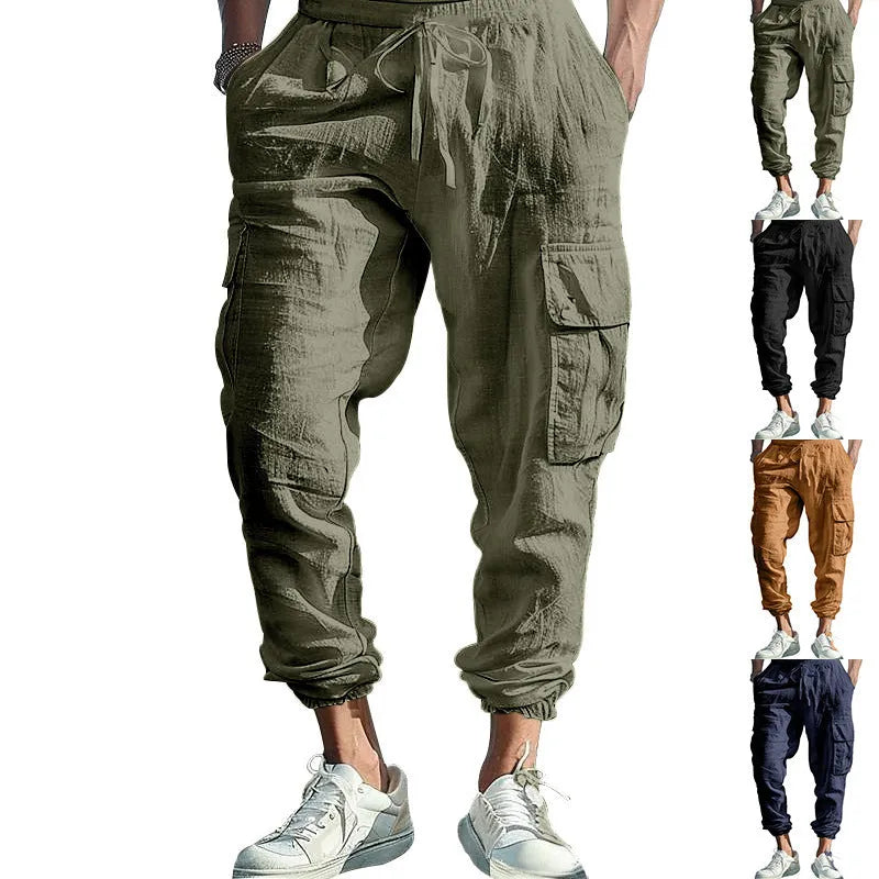 Men's linen trousers with ankle ties and multiple pockets in army green colour