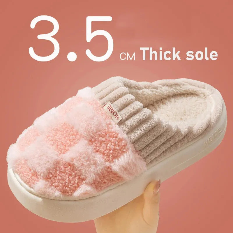 Plaid pattern women's plush indoor slippers with anti-slip soles in multiple colour options