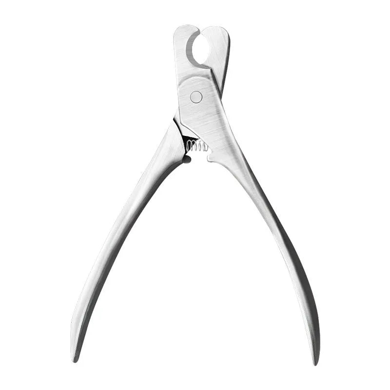 Professional stainless steel pet nail clipper with safety stop guard and finger ring for dog and cat grooming.