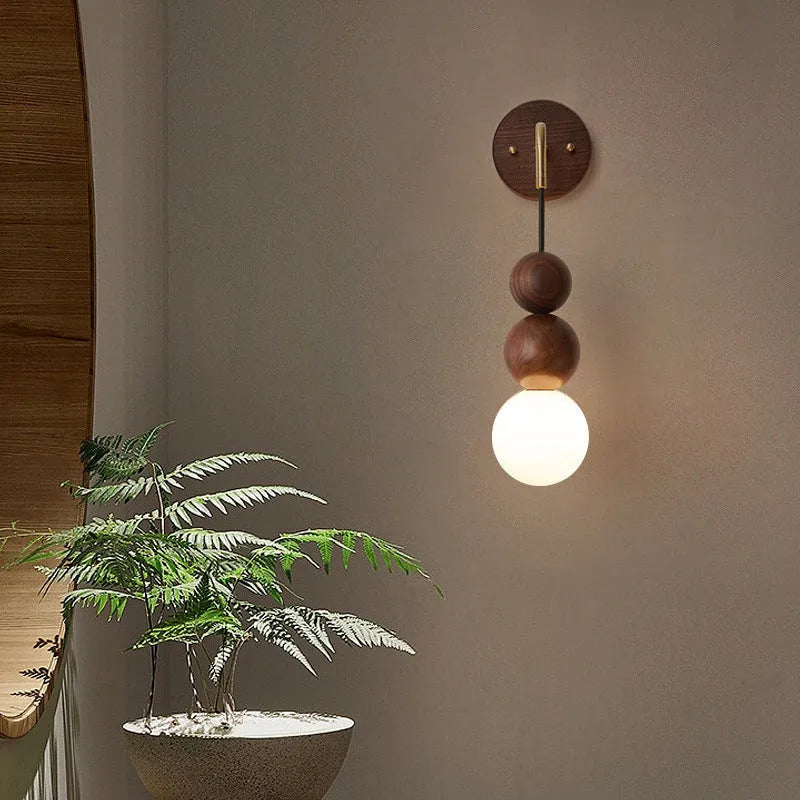 Wood and copper wall lamp with tricolour lighting, 10cm diameter by 50cm height