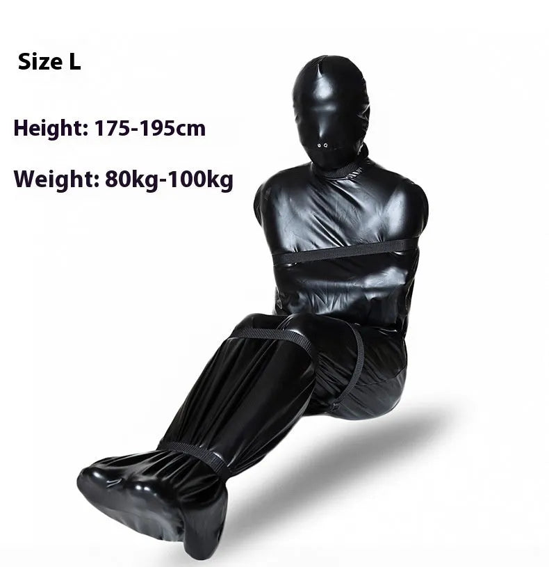 Black patent leather full-coverage body wrap with six ratchet tie down straps laid out.