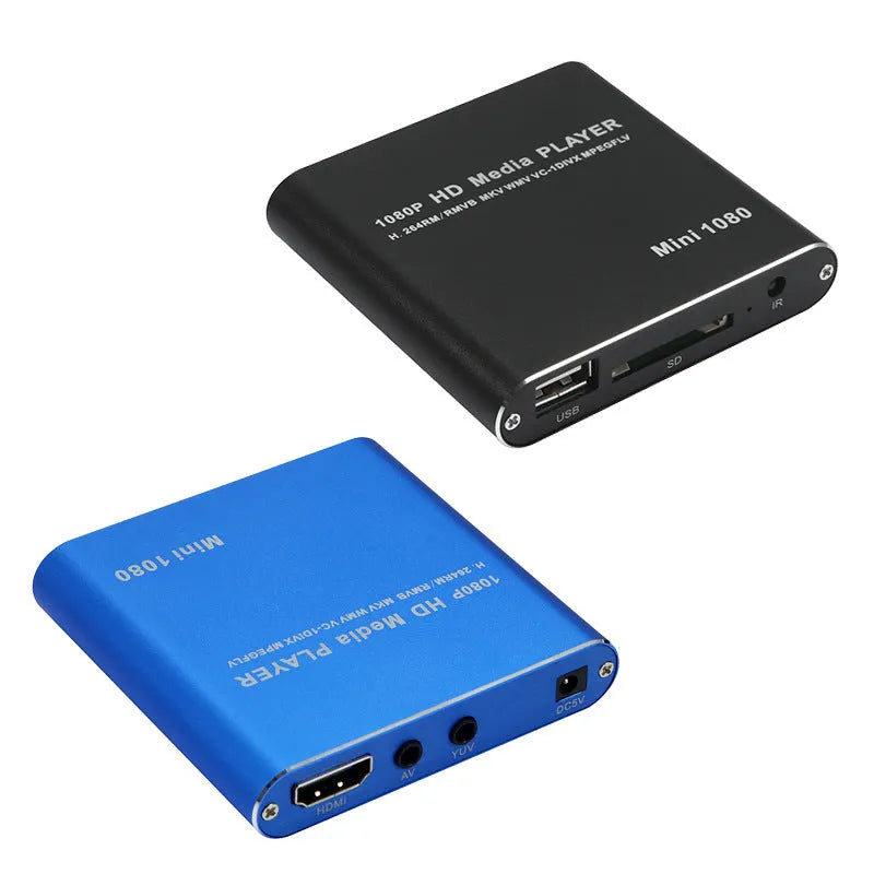 Compact black or blue 1080P Full HD media player with HDMI port for SD cards and USB drives