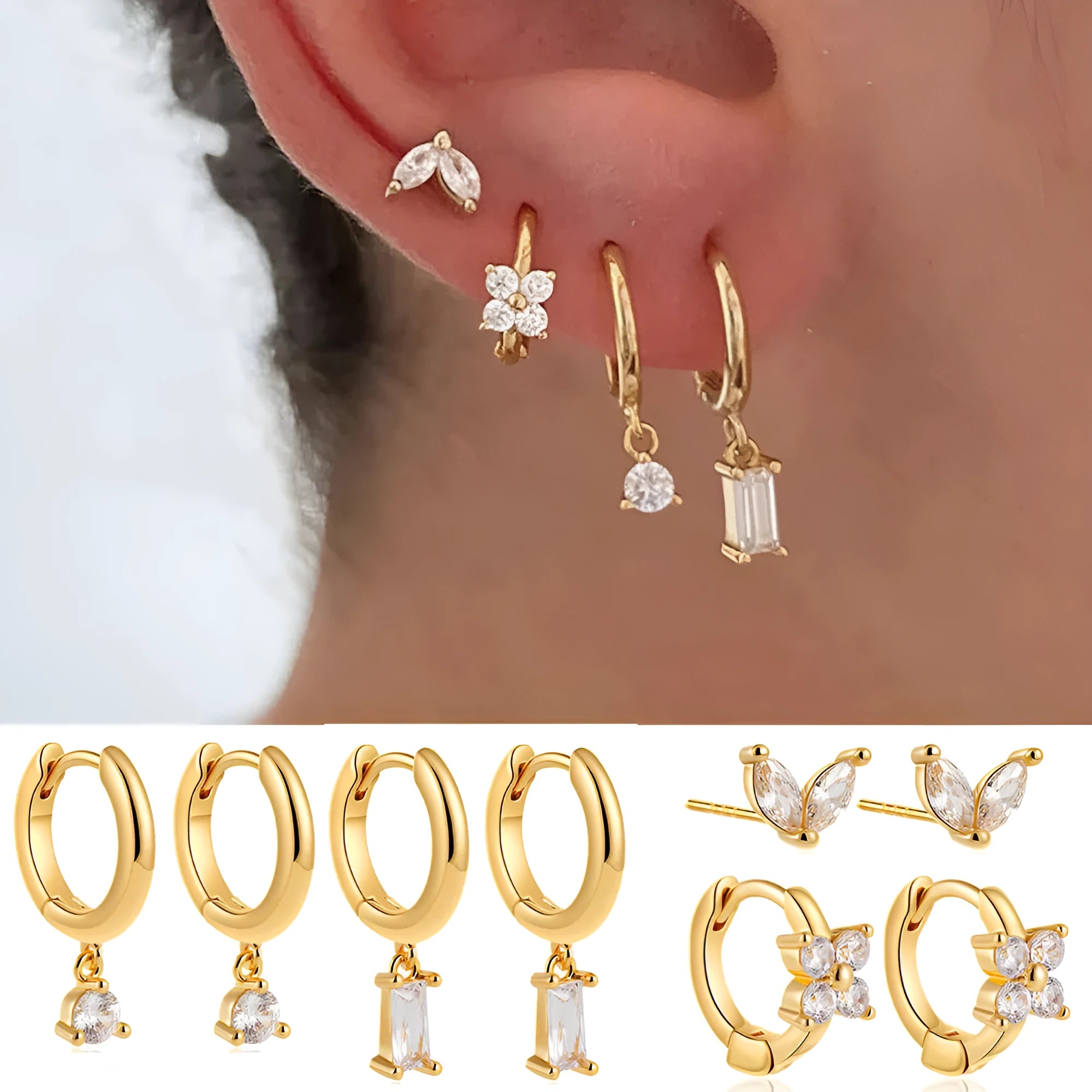 Geometric square zircon earrings four-piece set with gold electroplated finish showing star and quadrilateral designs