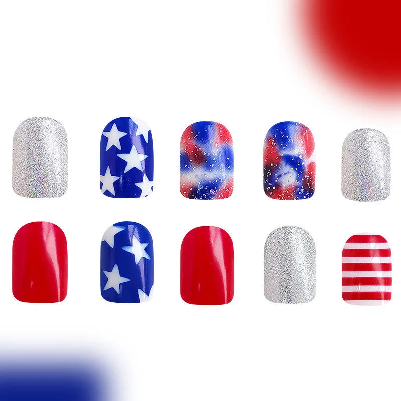 XINGX false nail set with red, white, blue American star pattern in short European Square shape.
