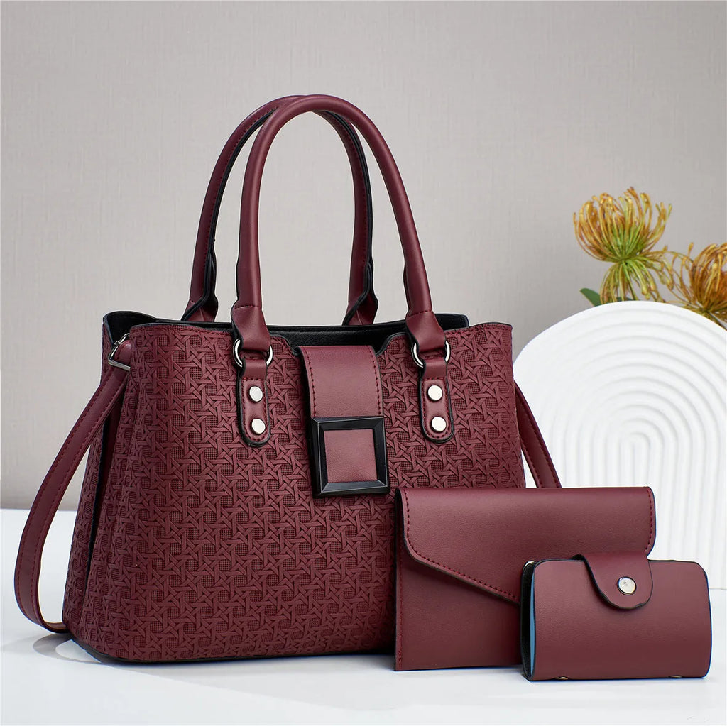 Three-piece women's crossbody bag set with textured PU surface showing interior compartment organisation