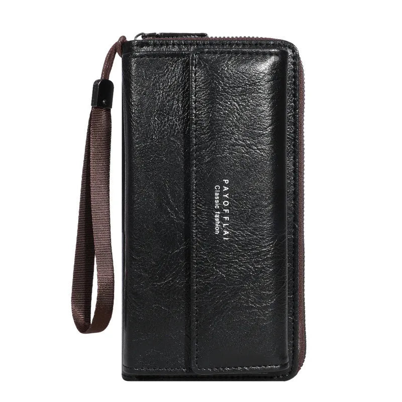 Men's black PU leather long wallet showing multiple card slots, placed next to a brown colour option.
