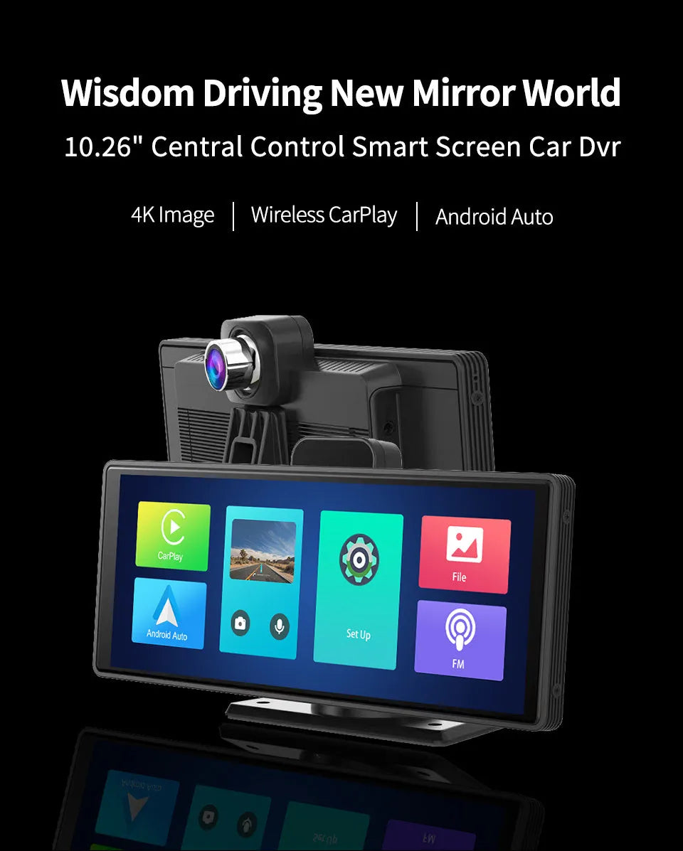 12-inch touch screen car dash cam unit with separate rear camera for front and rear recording.