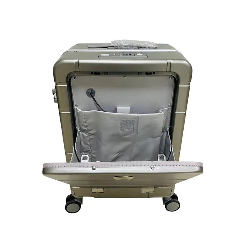 Front opening 20-inch suitcase showing wet-dry separation compartment and integrated organisers