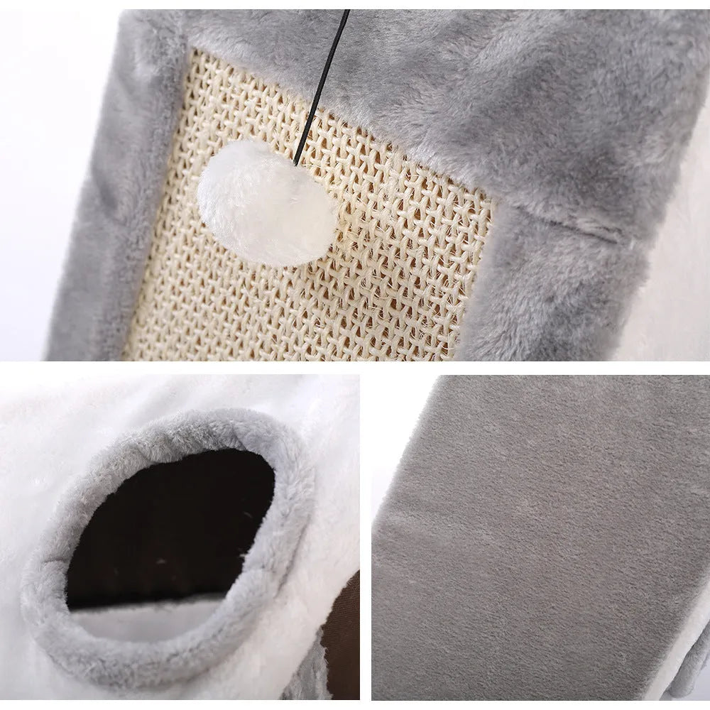 Grey and white triangular cat scratching post and bed with sisal fabric sides and a soft plush platform.
