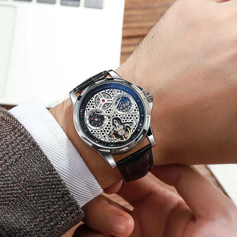 Men's automatic watch showing black and white colour options with leather strap and steel bracelet.