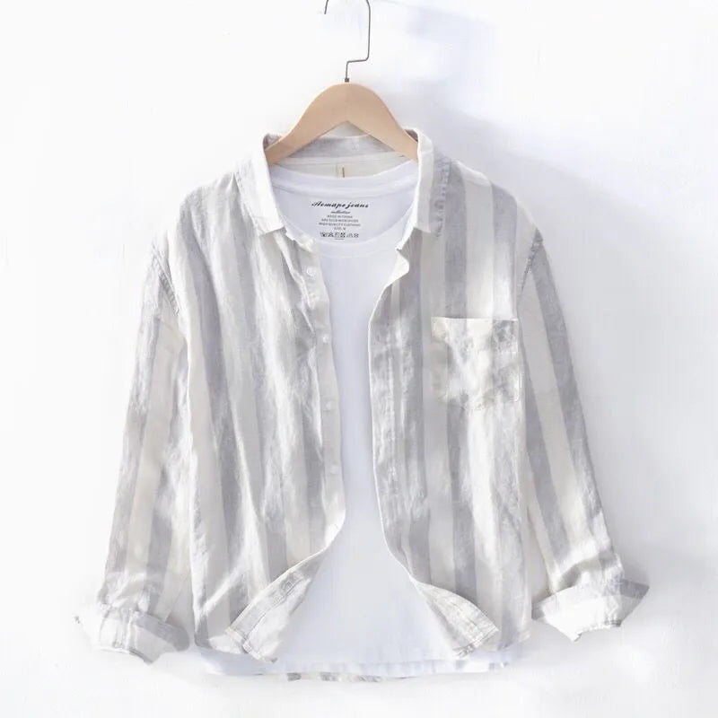 Men's loose fit long sleeve Hong Kong style shirt in blue, thin fleece-lined for spring and summer.