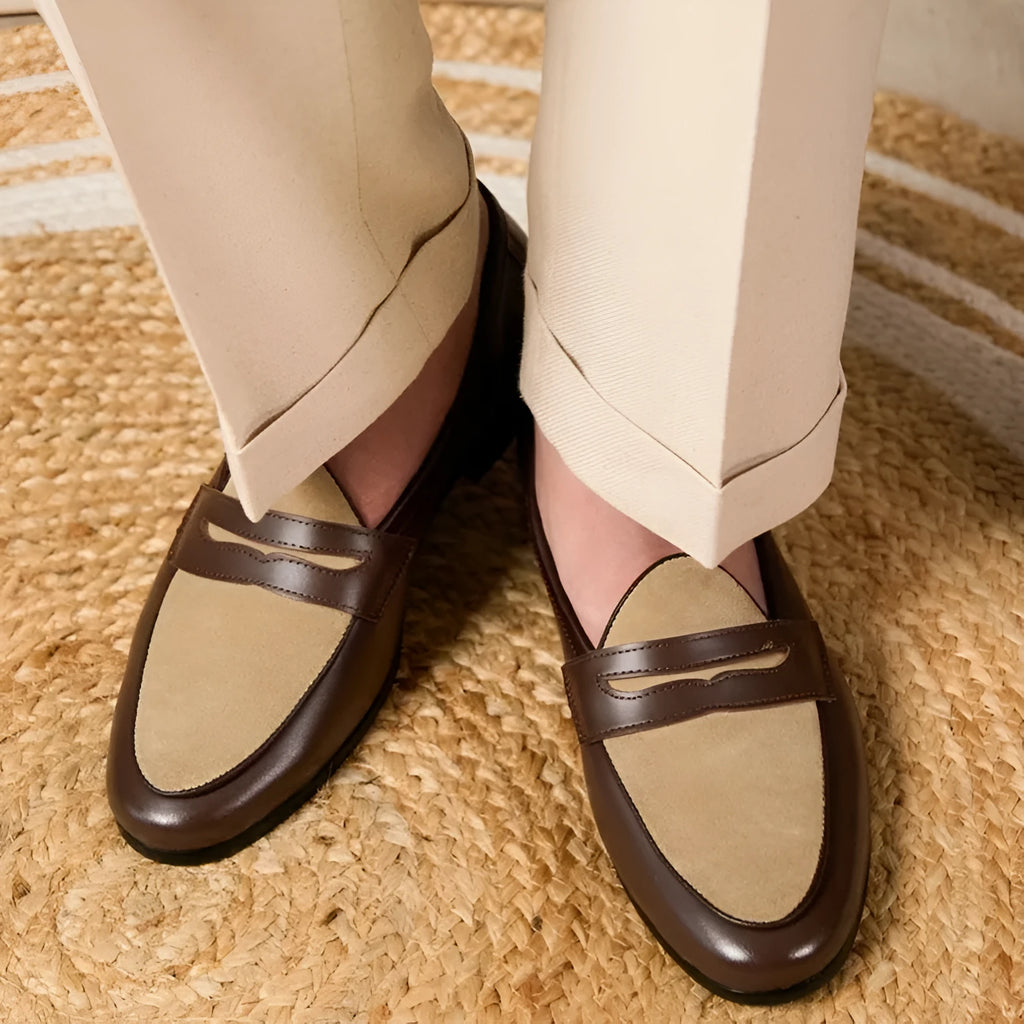 Coffee grey suede Belgian loafers with a slip-on design and rubber sole.
