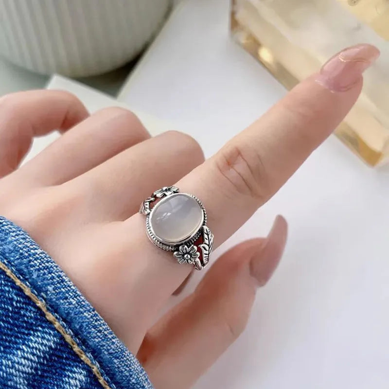 Adjustable copper vintage ring with white chalcedony stone and U-shaped antique design