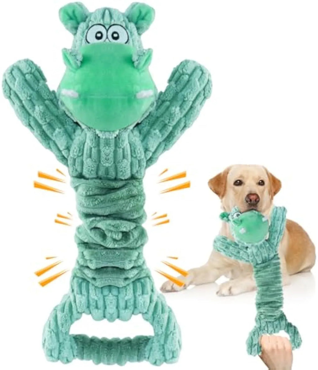Large plush dog toy with handle, available as hippo or monkey character