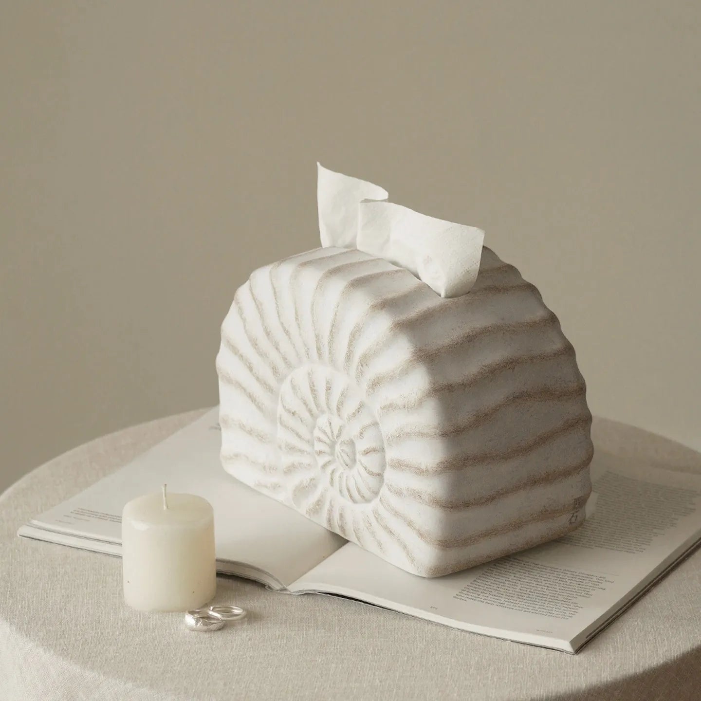Resin tissue box cover with conch shell design in conch ramble colour
