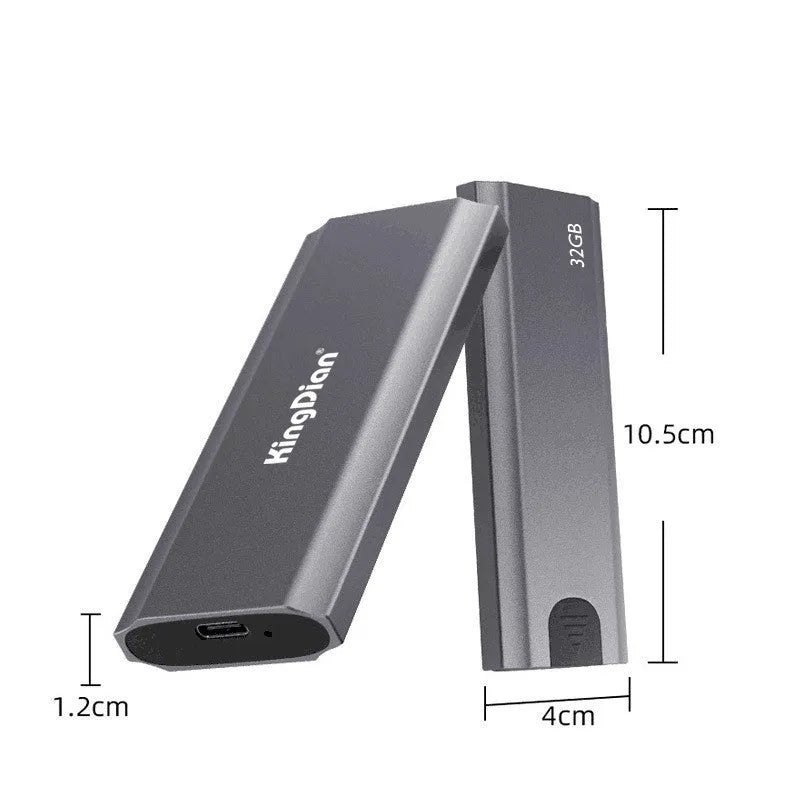 Grey aluminium mobile SSD with USB 3.0 interface showing capacity options from 120GB to 1TB
